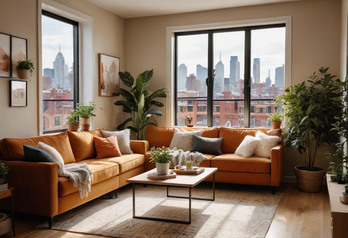 A cozy living room in an apartment, featuring a welcoming atmosphere with warm lighting and personal touches like family photos and plants. A couple sits on a comfortable sofa, sharing a heartfelt conversation, showcasing their emotional journey in the rental process. Through a window, a bustling cityscape is visible, symbolizing the vibrant life outside. Emphasize warmth and connection in the color palette. super-realistic. warm tones. cozy ambiance.