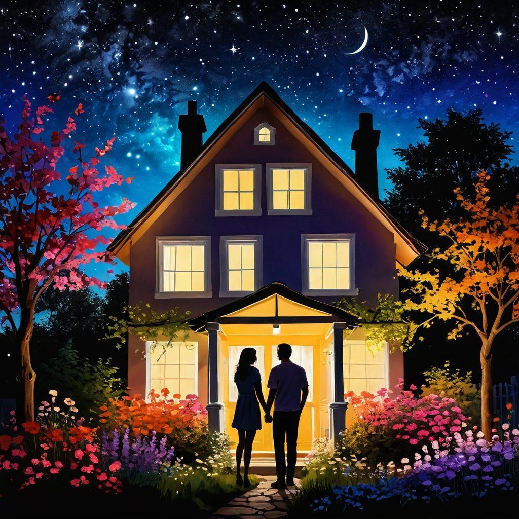 A couple gazing lovingly at an illuminated house under a starlit sky, their silhouettes framed by a blooming garden filled with vibrant flowers, symbolizing both romance and the journey to find a home. The house features large windows showing warmth and light inside, representing lasting happiness. Include subtle symbols of growth like budding trees or a winding path leading to the home. super-realistic. vibrant colors. dreamy ambiance.