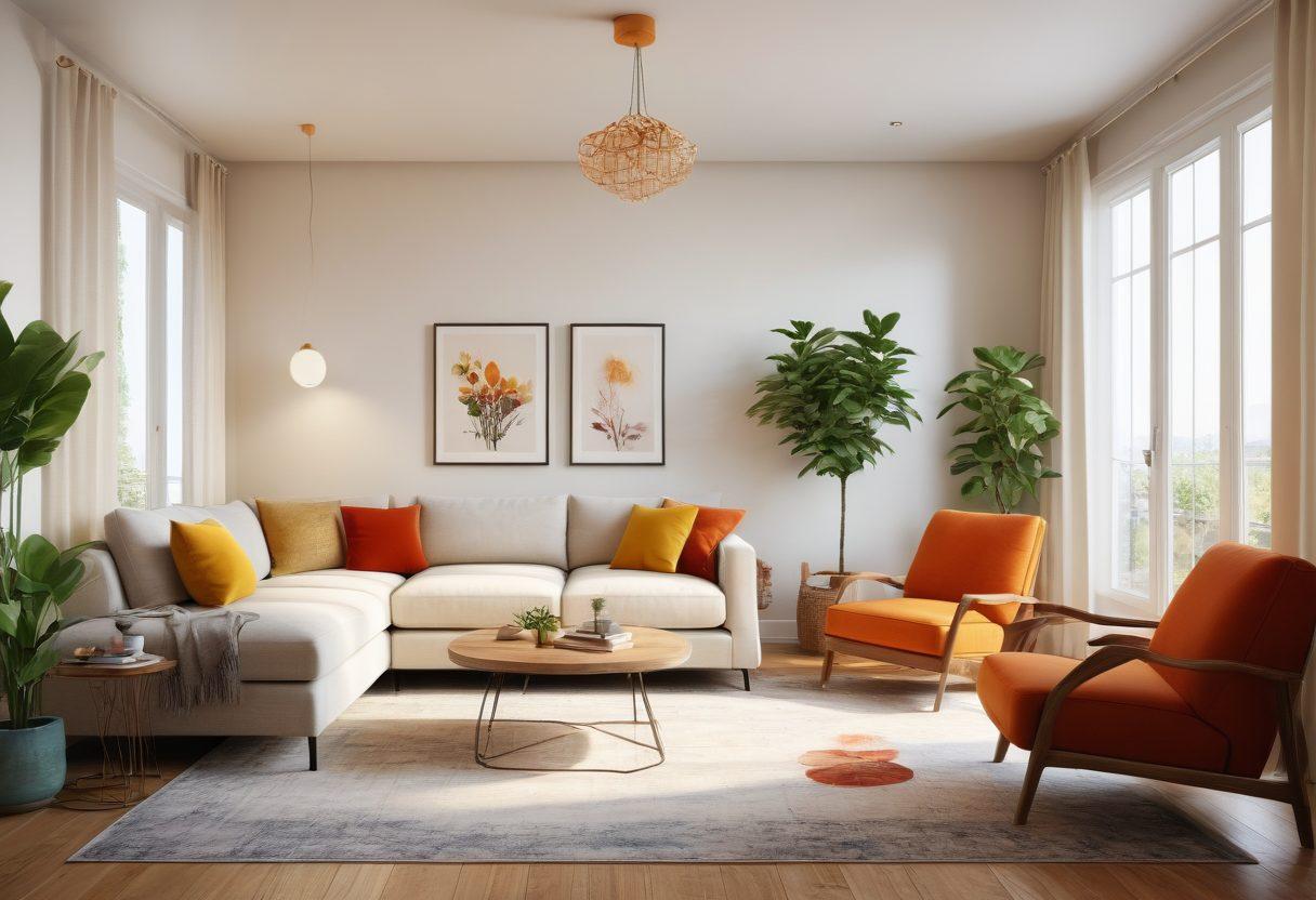 A cozy living room filled with natural light, showcasing a stylishly furnished apartment with a welcoming vibe. Include a couple happily viewing their rental options, with heart-shaped elements subtly placed throughout the decor. Emphasize a sense of love and connection, using warm colors and inviting textures. Add plants for a touch of freshness and homey atmosphere. super-realistic. warm colors. vibrant details. 